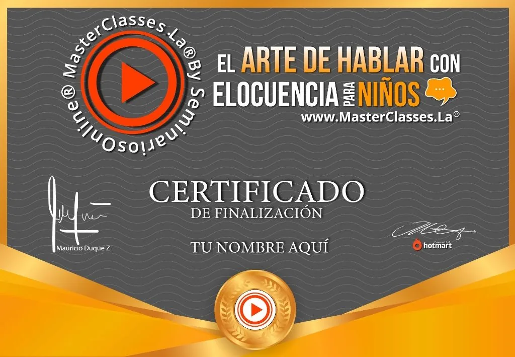 Certificado y recursos de El Arte de Hablar con Elocuencia para Niños